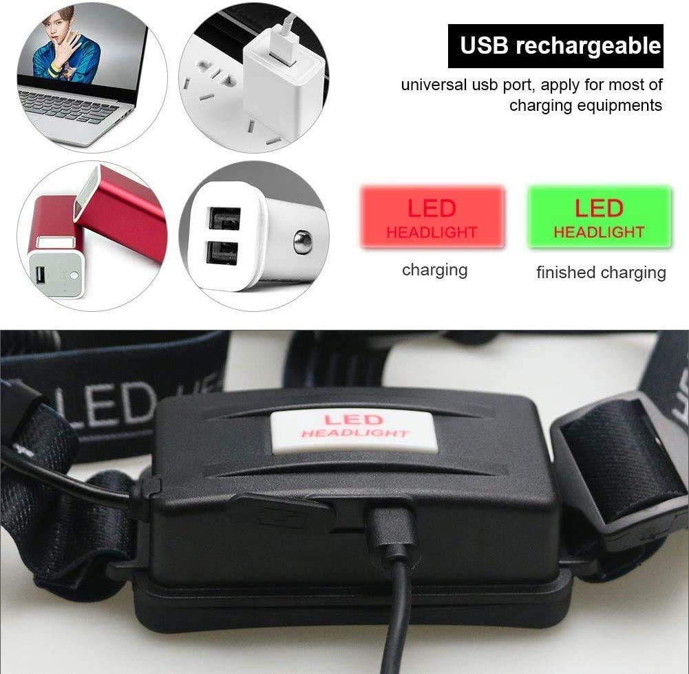Latarka czołowa, latarka czołowa LED z akumulatorem USB, ultrajasna, 1080 lumenów, + czerwona, odpowiednia do biegania, chodzenia, biwakowania, czytania, wędrówek