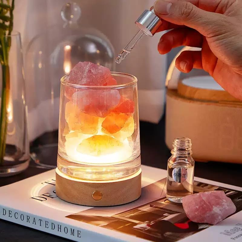 Lampa do soli himalajskiej 2 w 1 i ultradźwiękowy dyfuzor olejków eterycznych, lampa do aromaterapii bez ognia, z 2 olejkami eterycznymi, aromaterapia, 3 kolory, ładowany przez USB, ze szklaną osłoną