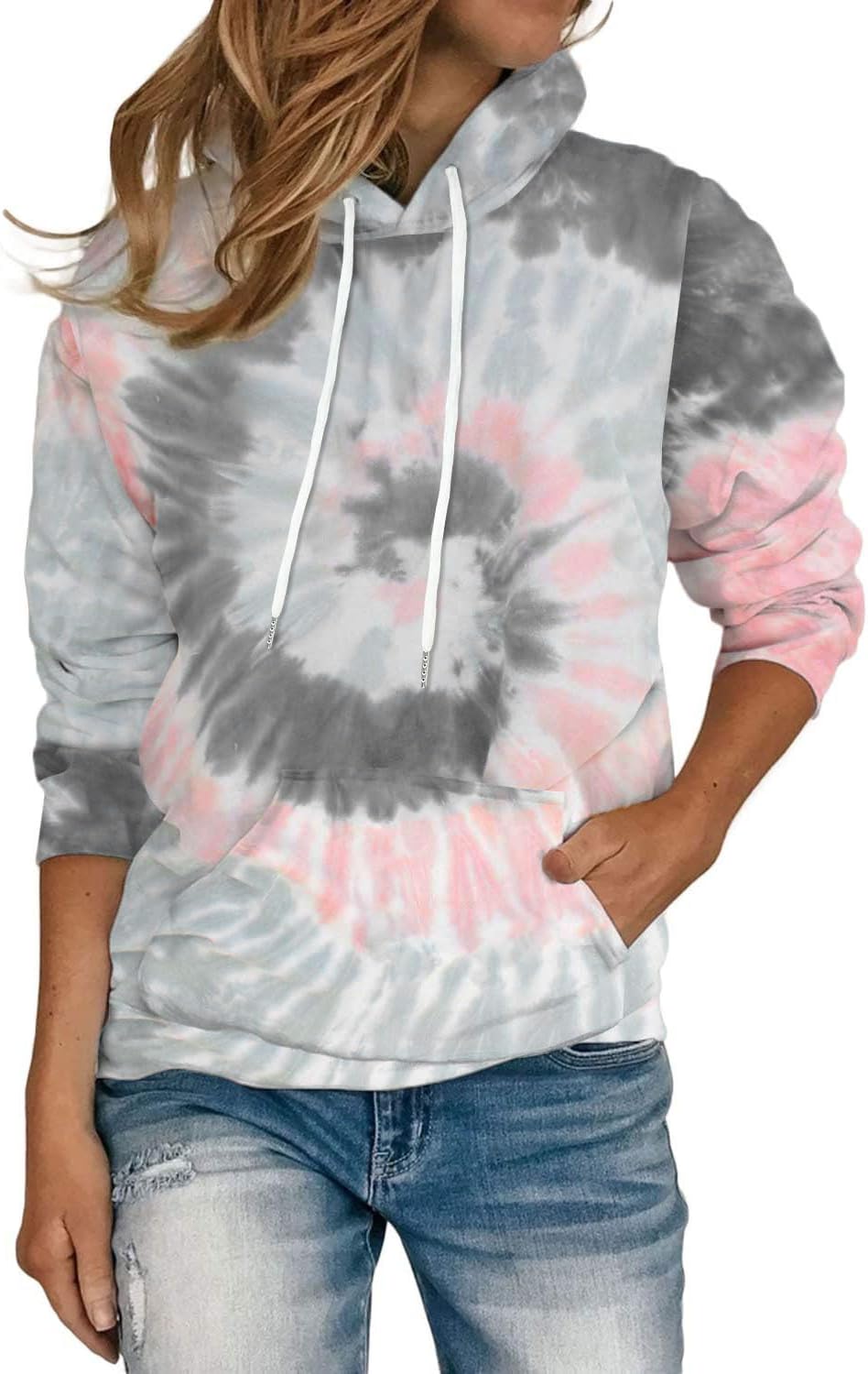 Women's Hoodies Long Sleeve Sweatshirts Drawstring Pullover Tops with Pocket Casual Loose Blouses Tunic, Grey Pink Tie Dye, M