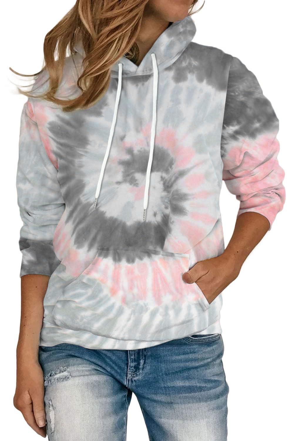Women's Hoodies Long Sleeve Sweatshirts Drawstring Pullover Tops with Pocket Casual Loose Blouses Tunic X-Large Grey Pink Tie Dye