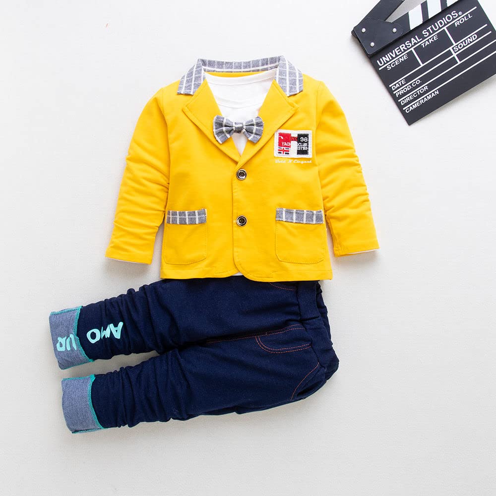 Bold N Elegant Solid Full Sleeve Jacket Coat Blazer with T-Shirt and Denim Blue Trouser Pant 3 Pc Party Suit Set for Little Boys (Yellow, 3_Years) - Image 2 thumbnail