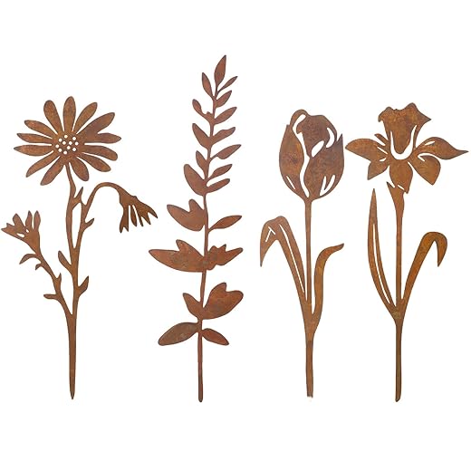10pcs Rusty Metal Flowers and Plants, Rusty Rustic Metal Flowers Signs for Outside Yard Art Gift for Yard Decorative Garden Stakes Potted Plants Walkway and Garden(Flower and Plant)