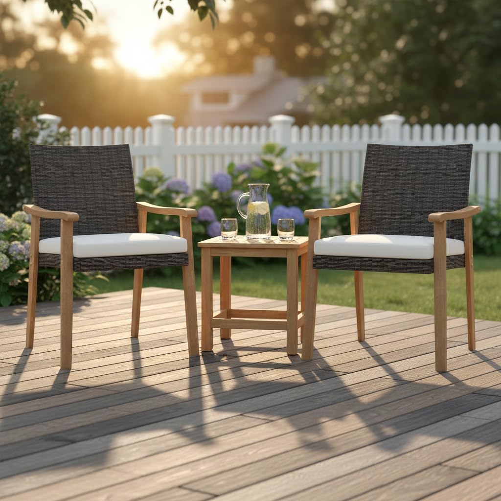 Tangkula Wicker Patio Dining Chair Set of 2, PE Rattan Outdoor Dinner Chairs with Removable Cushion, Acacia Wood Armrests & Legs, Outside Chairs for Backyard, Poolside, Porch, Yard, Balcony