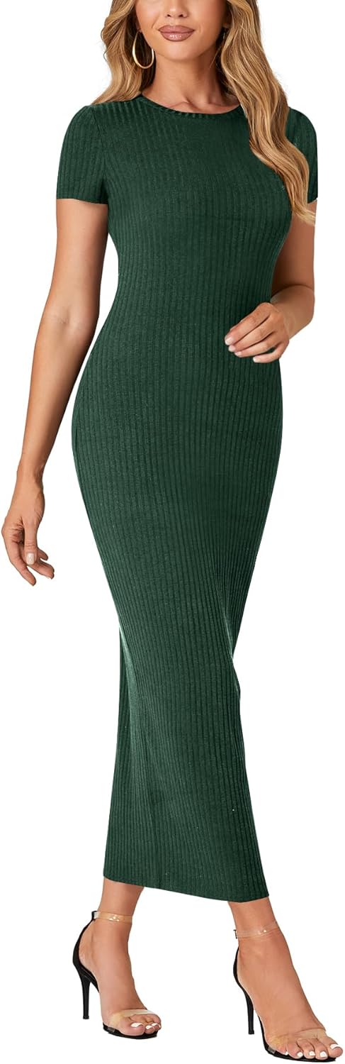 Umenlele Women’s Casual Short Sleeve Ribbed Knit Bodycon Fitted Pencil Long Maxi Dress - Image 3