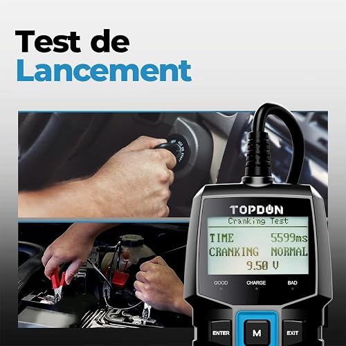 TOPDON Testeur de Batterie BT100, 12V Testeur batterie voiture100-2000 CCA Essai de charge de démarrage avec batterie pour Voitures Motos VTT VUS Yachts - 3