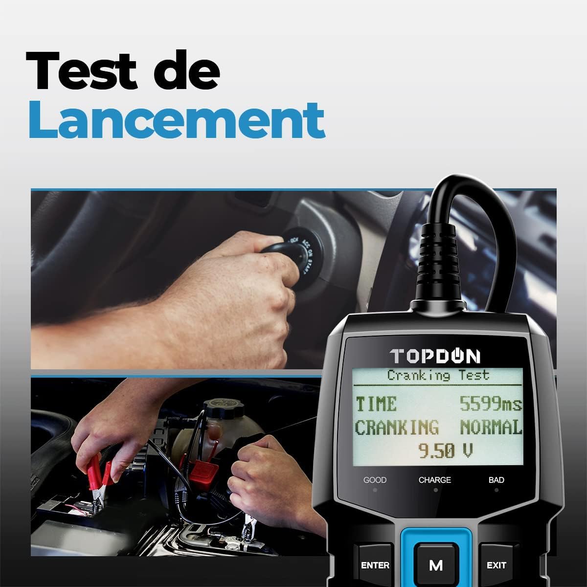 TOPDON Testeur de Batterie BT100, 12V Testeur batterie voiture100-2000 CCA Essai de charge de démarrage avec batterie pour Voitures Motos VTT VUS Yachts
