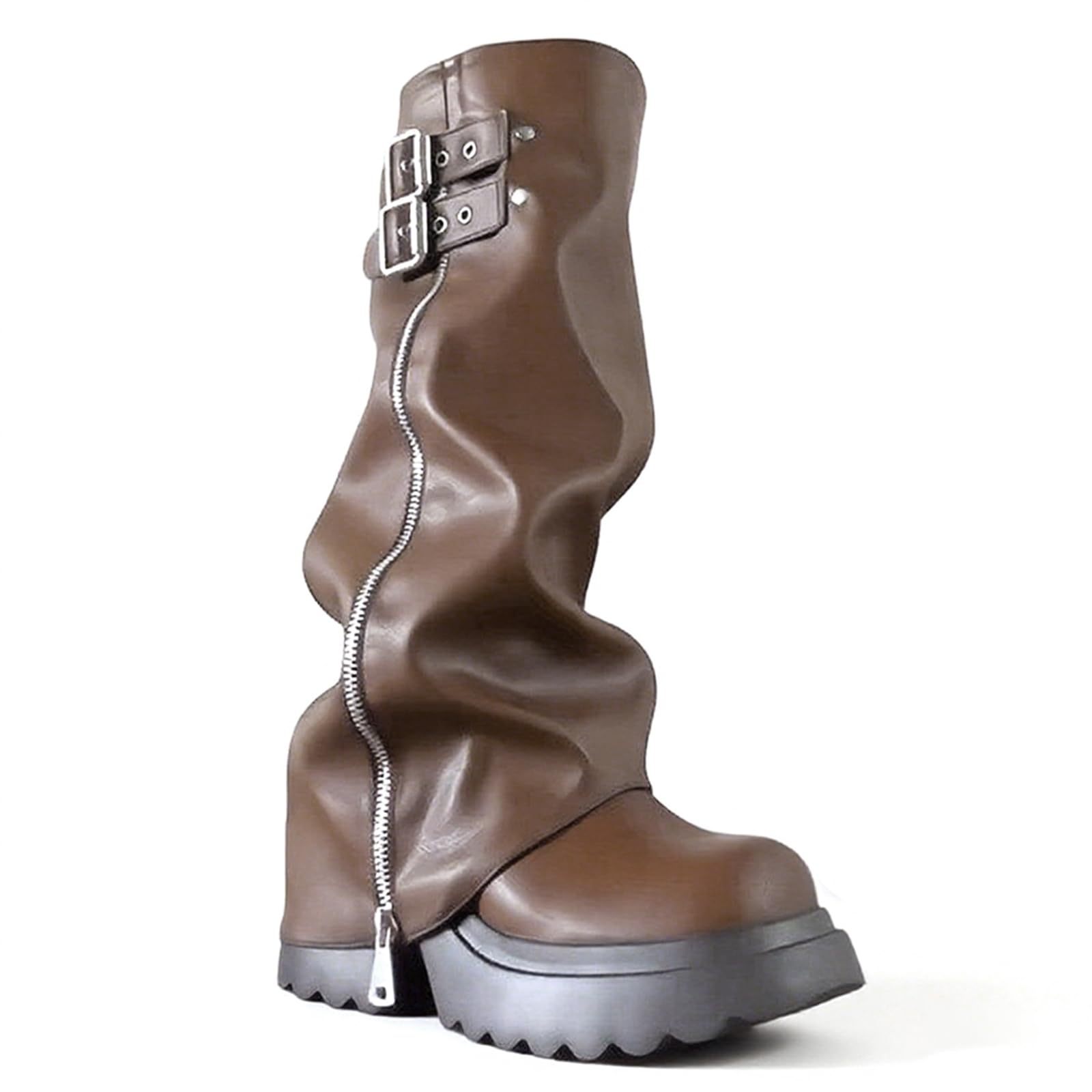 Womens Fold Over Knee High Boots Chunky Platform Comfy Wide Calf Side Zipper With Buckle Decor Riding Boots