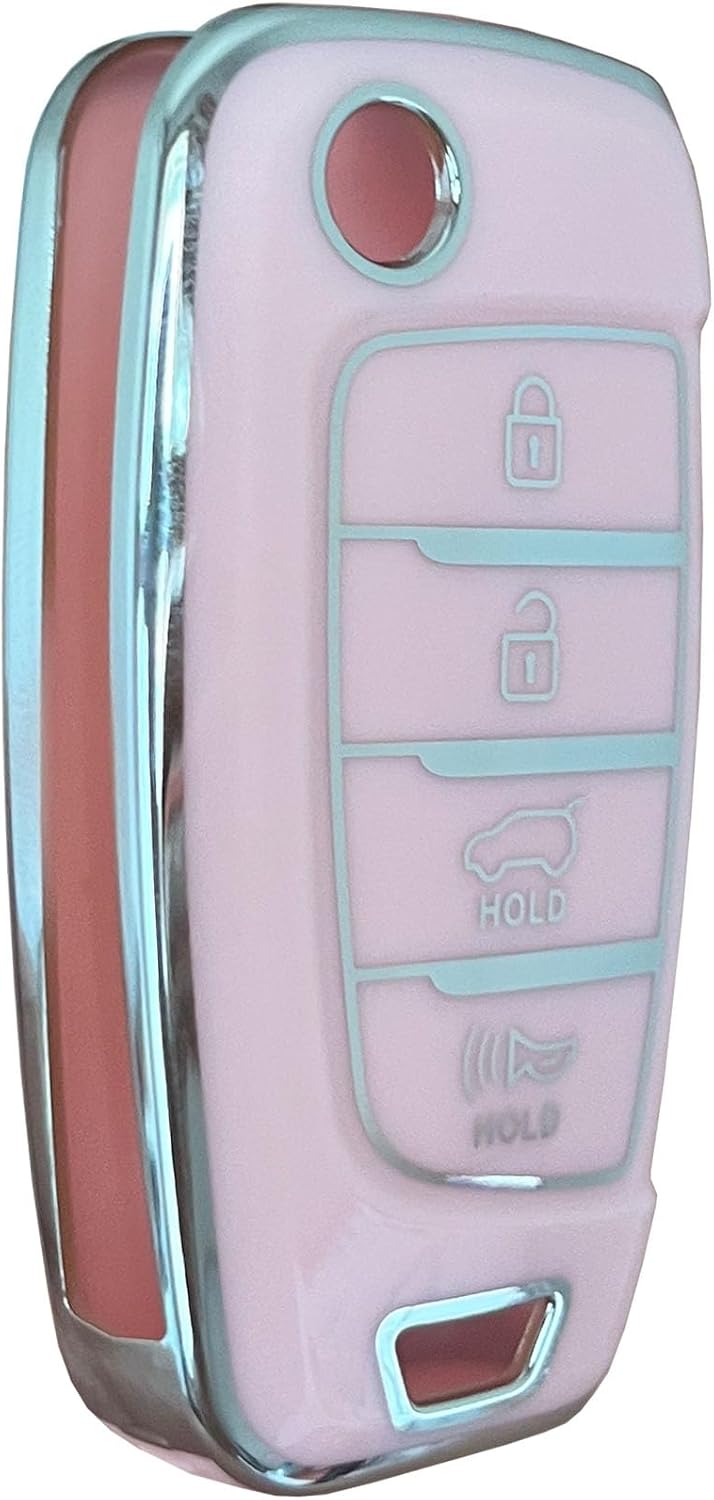 for Hyundai Key Fob Cover with Keychain Fit for Hyundai Elantra Accent Elantra GT Kona Santa Cruz Santa Fe Sonata Tucson Veloster (Silver-Pink)