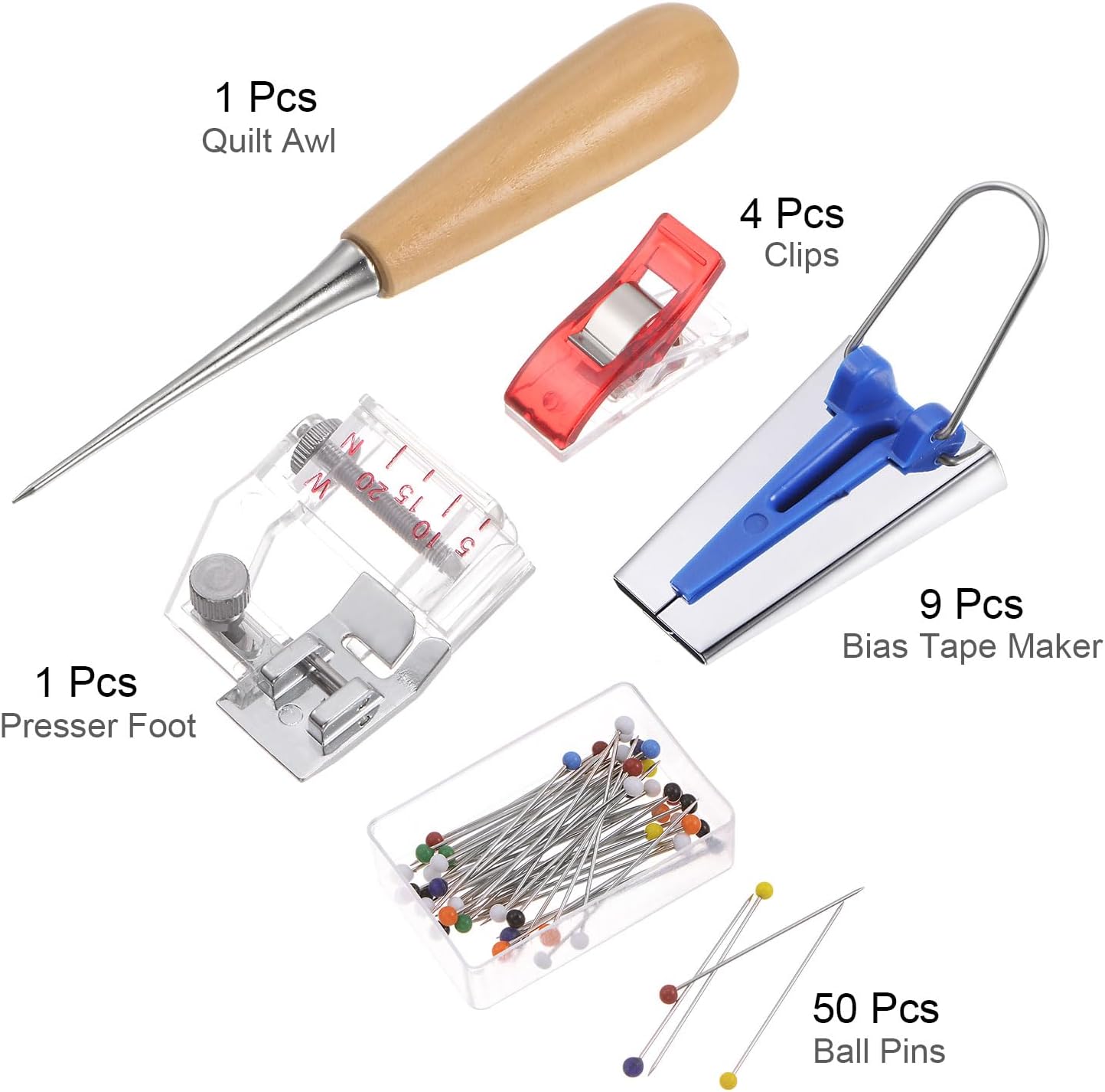 HARFINGTON Bias Tape Maker Kit 6mm 9mm 12mm 18mm 25mm Single Double Fold Fabric Bias Binding Maker Tool with Positioning Pin, Awl, Presser Foot, Clips for Quilting Sewing Crafting DIY