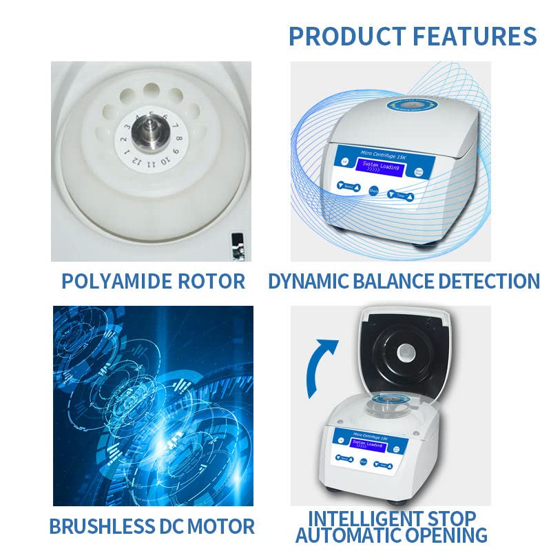 Mini Benchtop Centrifuge Machine Laboratory Micro Centrifugal Separator with Speed Setting Range 500 to 15000rpm RCF 16 to 15080g Auto Unbalance Testing Capacity 12 * 2ml or 1.5ml