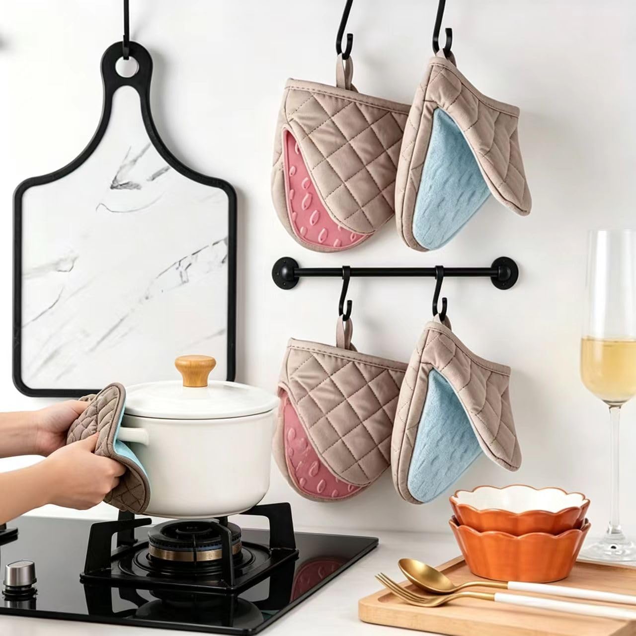 4 Pack,Heat Resistant Silicone Oven Mitts with Cotton Lining - Non-Slip Kitchen Gloves for Cooking, Baking, Grilling - Waterproof Pot Holders Set - Machine Washable Oven Gloves