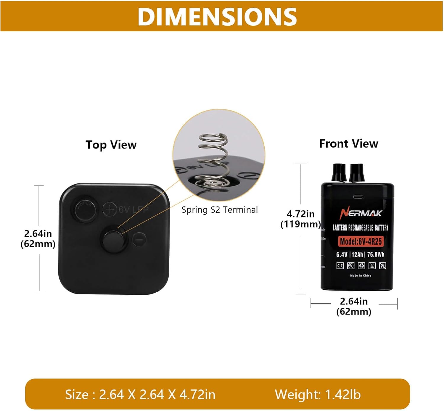 6 Volt 12Ah Lithium Ion Heavy Duty Lantern Battery 2 Pack, 2000 Cycles Rechargeable LiFePO4 Battery for 4R25 Lantern(Spring S2 Terminals)