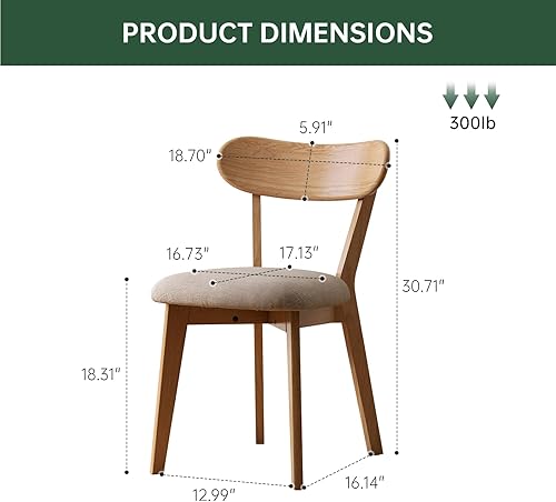 Miniatura 3 de Sillas de comedor 100% roble macizo, silla de comedor moderna de mediados de siglo con respaldo curvo, sillas de comedor tapizadas de tela para