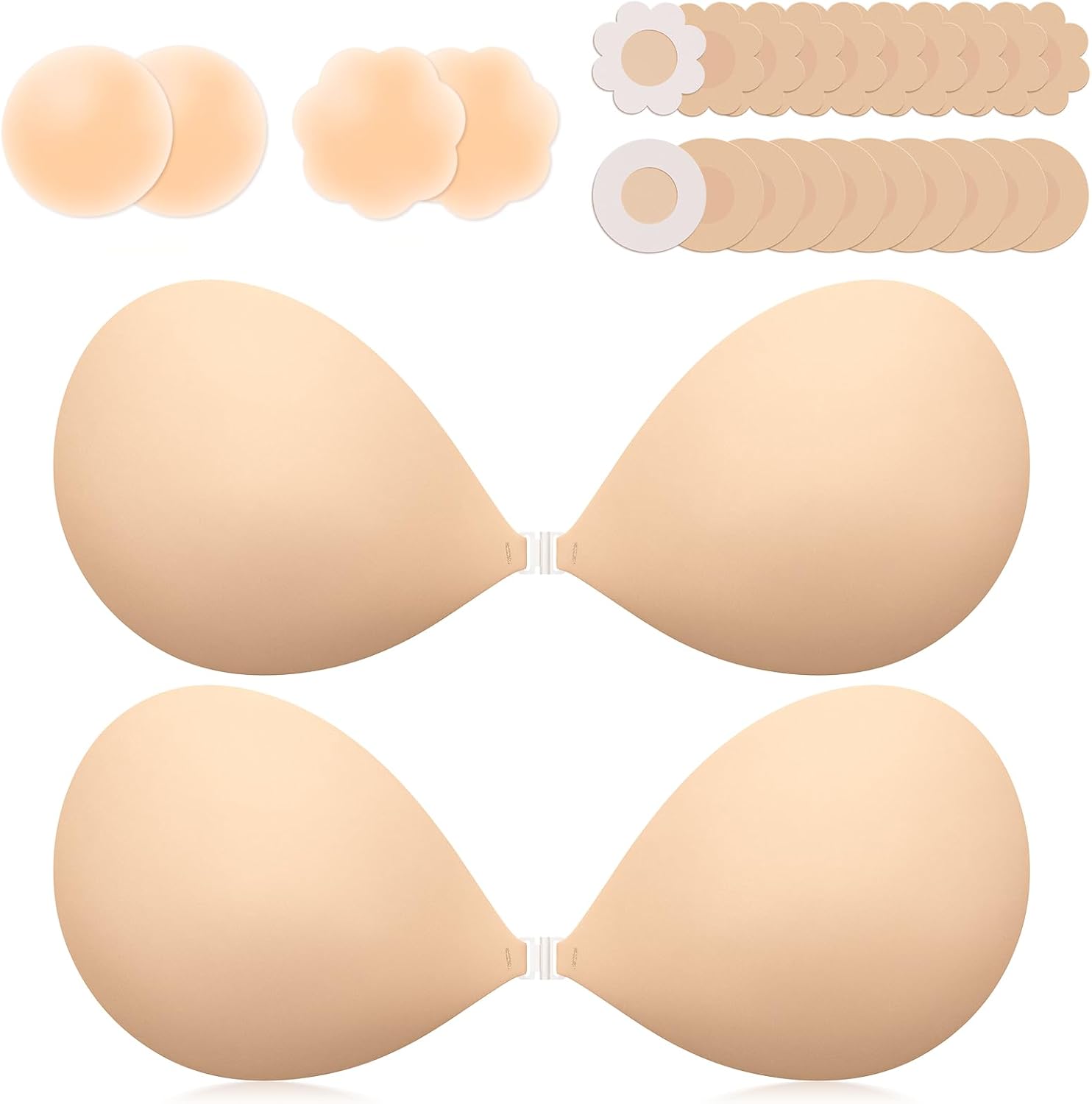 VogaChic Invisible Sticky Bra Push Up, Reusable Adhesive Bra for Backless Dress, Seamless Silicone Nipple Covers for Women's Exotic Bustiers & Corsets (C Cup, Beige, 2PCS)