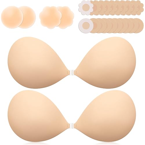 Invisible Sticky Bra Push Up, Reusable Adhesive Bra for Backless Dress, Seamless Silicone Nipple Covers for Women (B Cup, Beige, 2PCS)