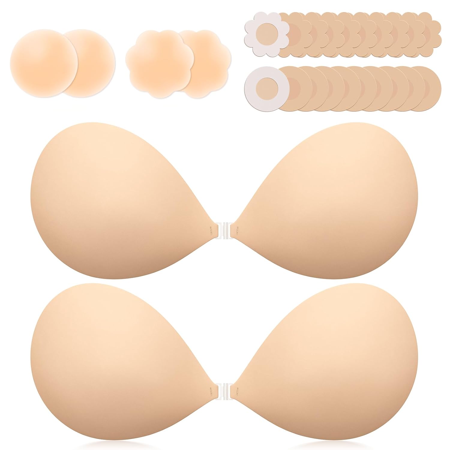 Invisible Sticky Bra Push Up, Reusable Adhesive Bra for Backless Dress Bridal Accessories, Seamless Silicone Nipple Covers for Women (B Cup, Beige, 2PCS)