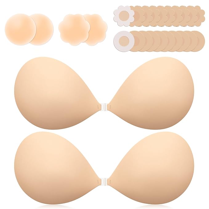 Invisible Sticky Bra Push Up, Reusable Adhesive Bra for Backless Dress, Seamless Silicone Nipple Covers for Women's Exotic Bustiers & Corsets (B Cup, Beige, 2PCS)