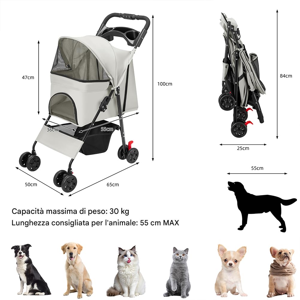 BAKAJI Passeggino per Animali Domestici Carico Massimo 30kg, Carrozzina per Cani e Gatti Pieghevole e Salvaspazio con Cestello Portaoggetti e Ruote Bloccabili, Cappottina Protettiva Anti UV (Grigio)