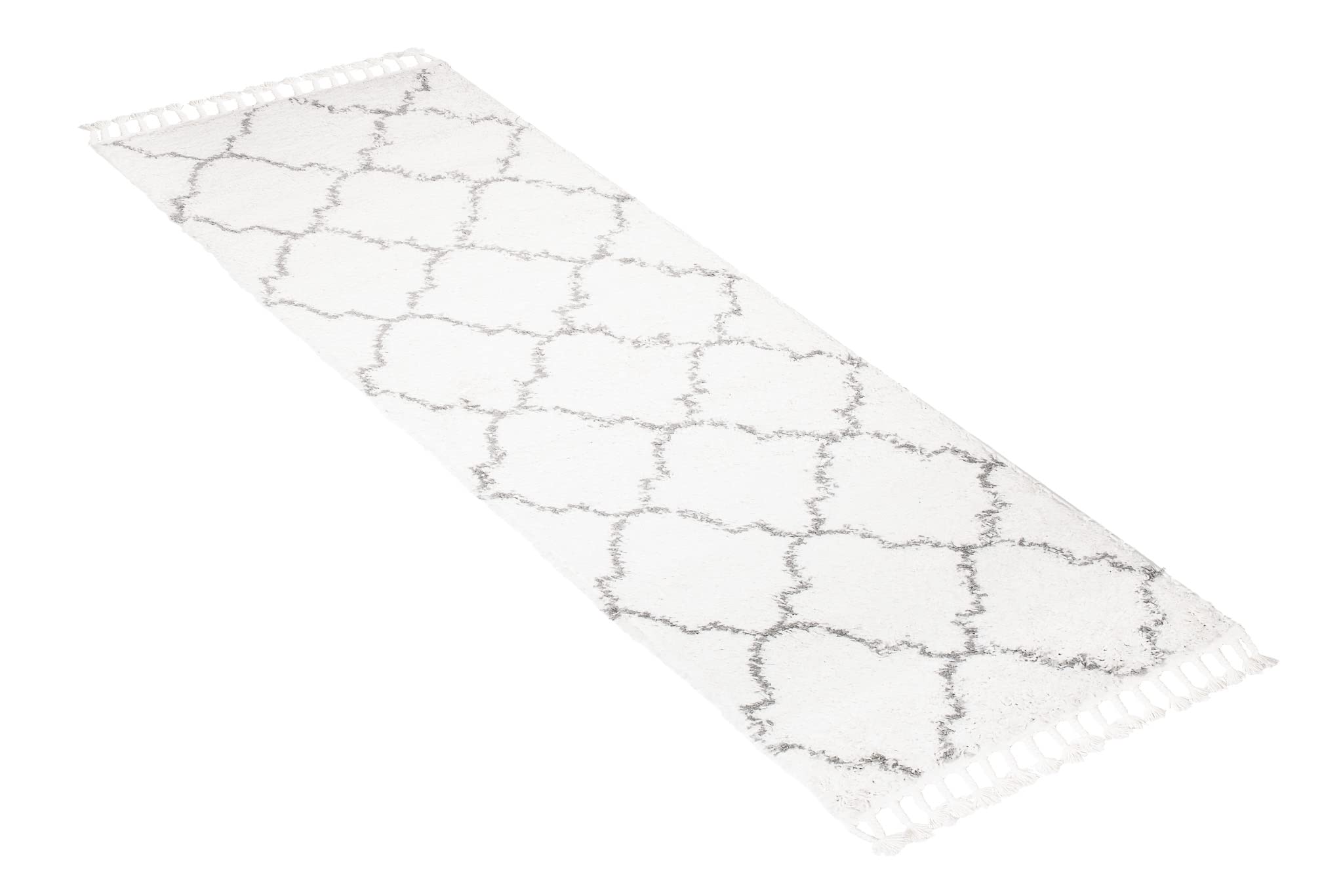 TAPISO Boho Teppich Läufer Kurzflor Shaggy Creme Grau Gitter Marokko Fransen Schlafzimmer Wohnzimmer Design Modern 100 x 400 cm