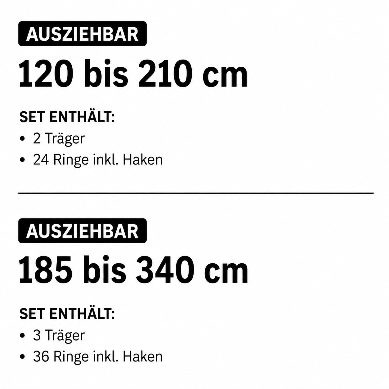 Ausziehbare Gardinenstange 185–340 cm – Komplett-Set mit Kugel-Endstücken, inkl. Träger, Gardinenringen, Faltenlegehaken & Montagematerial, Steingrau
