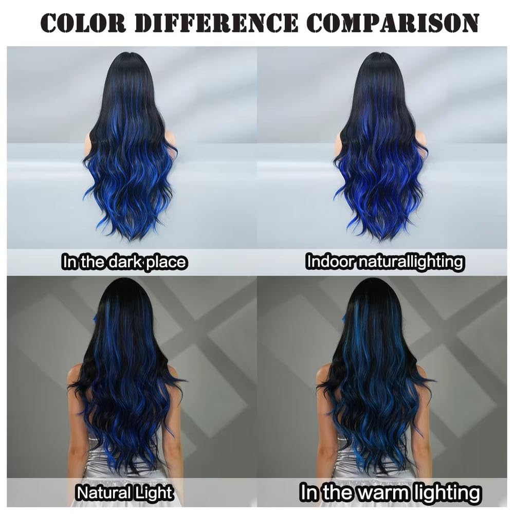 Haarpflege Lange Gewellte Schwarze Blaue Perücke Für Frauen Mit Hoher Dichte Bescheidenem Teil Und Vorhang Pony