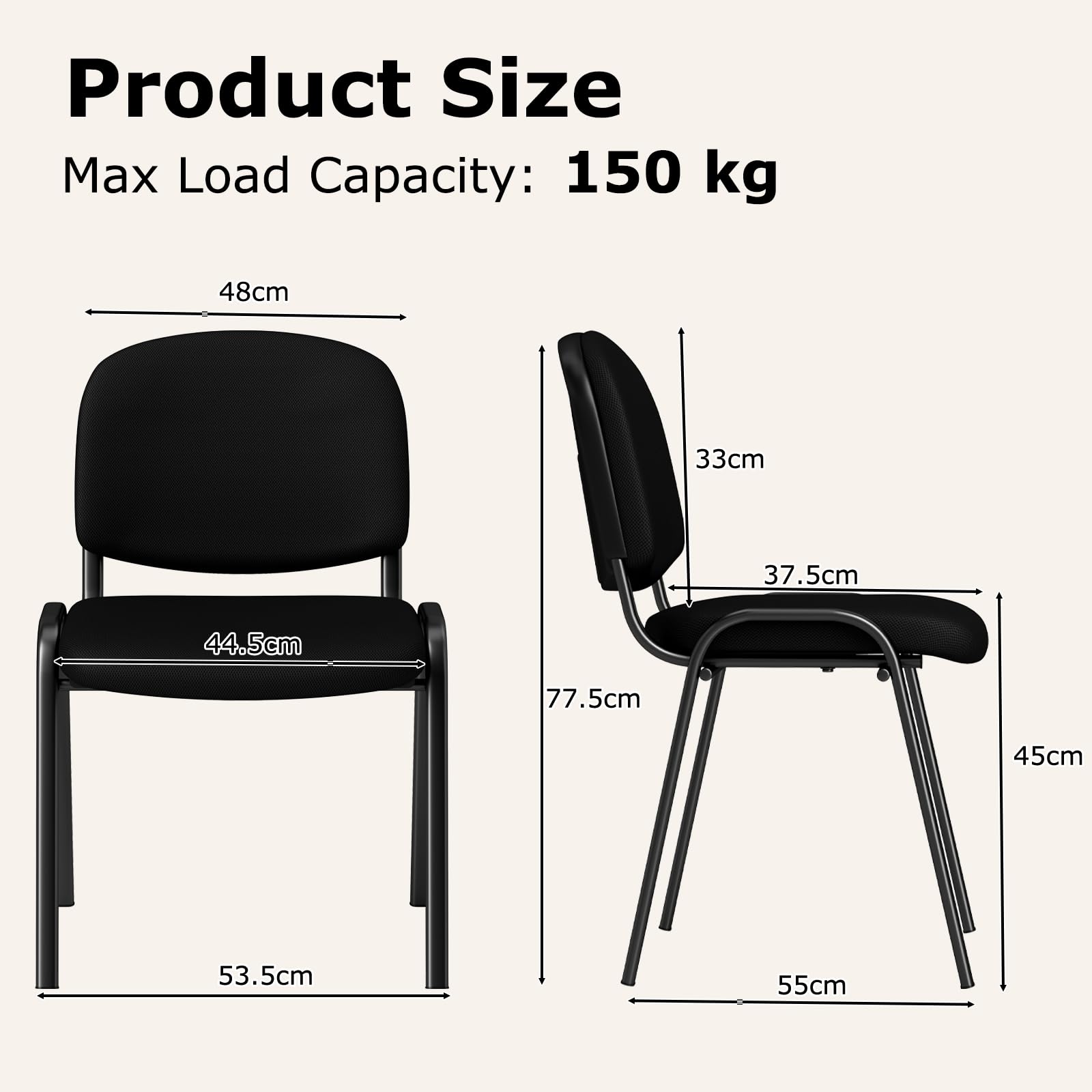 GIANTEX Lot de 5 Chaise Salle d'Attente Empilables, Siège et Dossier Rembourrés, Chaise Visiteur Ergonomique, Cadre en Métal, Charge 150 kg, Patins Antidérapants, pour Salle d'Attente, Bureau, Noir