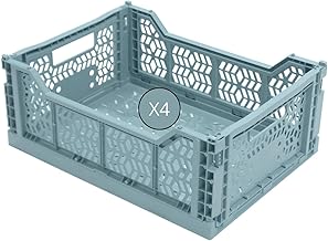 Box and beyond - Lot de 4 Caisses de rangement pliables - Cagettes plastique empilables - Caisse pliante avec poignée - Cuisine, chambre à coucher, bureau (Cyan, 40 x 30 x 15 cm)