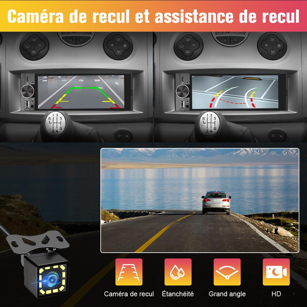 AWESAFE Autoradio Carplay 1 DIN avec Écran Tactile HD 6,36" | CarPlay & Android Auto sans Fil | Bluetooth 5.0 | FM | USB Type-C | Commande Vocale | avec Caméra de Recul