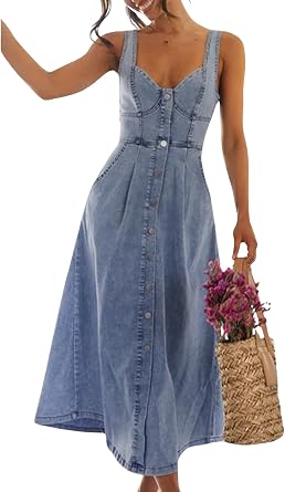 chouyatou Womens Summer Casual Button Down Denim Dress A-Line Sleeveless Midi Jean Dress