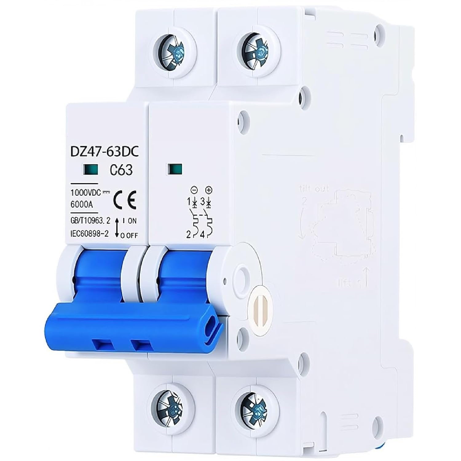 Miniature DC Circuit Breaker 1000V 2 Pole, Solar PV Disconnect Switch with Thermal Magnetic Trip, DIN Rail Mount Isolator (16A)