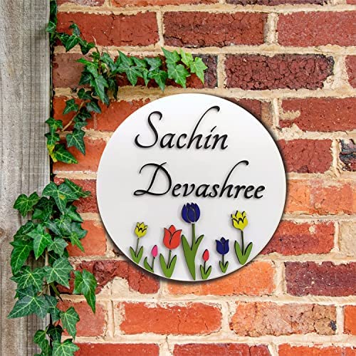 Image of ZOCI VOCI Personalized Name Plate for Home Entrance Outdoor - Acrylic Body, Waterproof | Designer Door Plates for Flat, Bungalow & Apartment - Customized (10 INCH DIA, Tulip Garden)