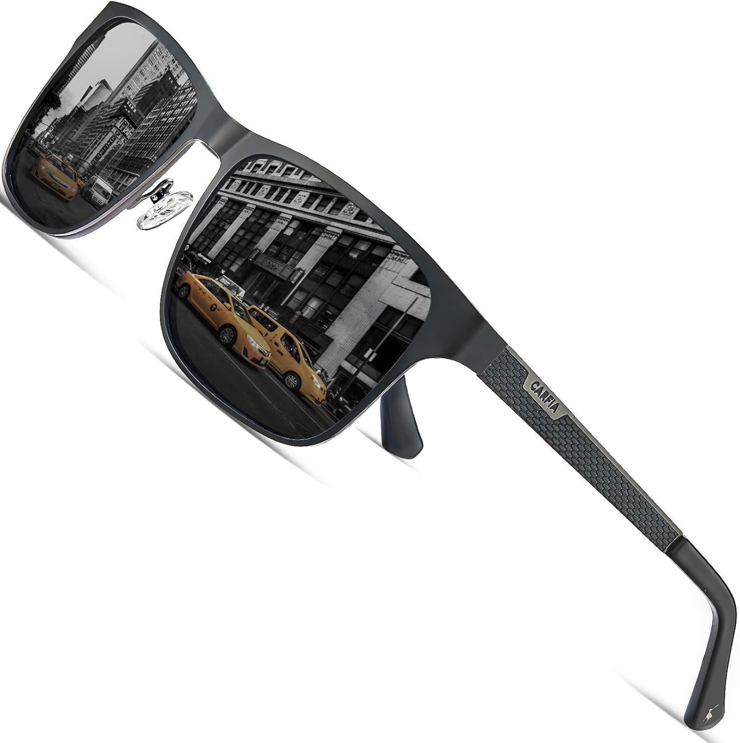 CARFIA Metal Polarized Sunglasses for Men UV400 Protection, Cool Shades with Spring Hinges & Grid Pattern CA5223