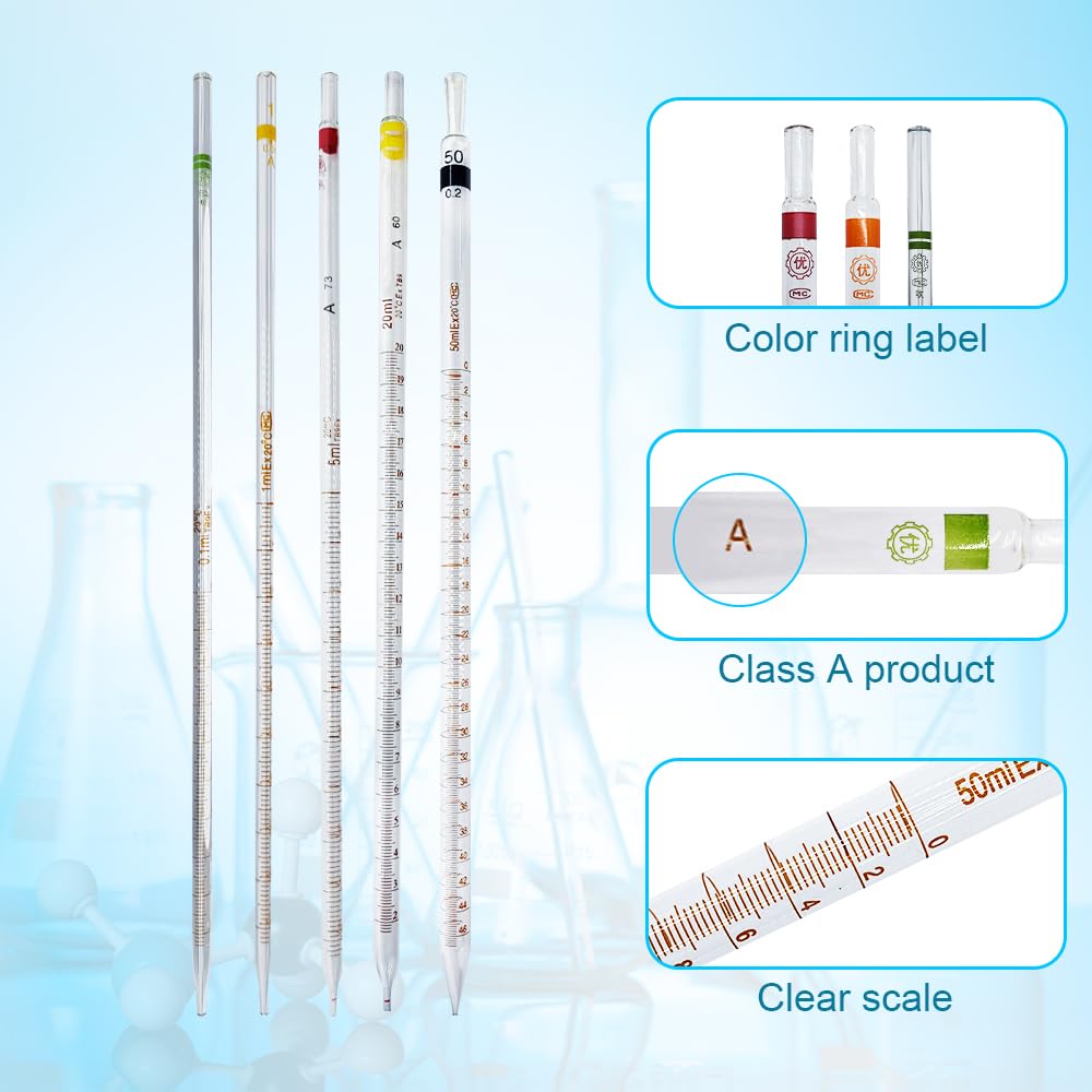 Pipette de transfert, 1 pipette graduée en verre avec marque de couleur, tube de pipe en verre avec compte-gouttes de toutes les tailles disponibles (50 ml)
