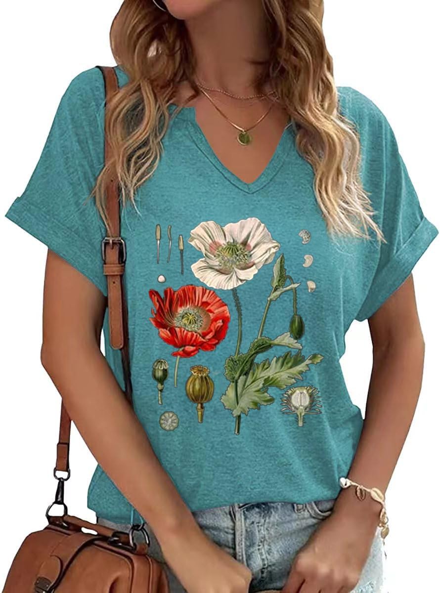 Vintage Flowers V Neck Shirt for Women Boho Floral Wildflowers Graphic Tee Casual Cottagecore Summer T Shirt