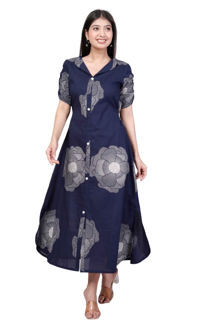doriyaan Womens Pure Cotton Black Floral Printed Front Button A-Line Midi Dress-picture-18