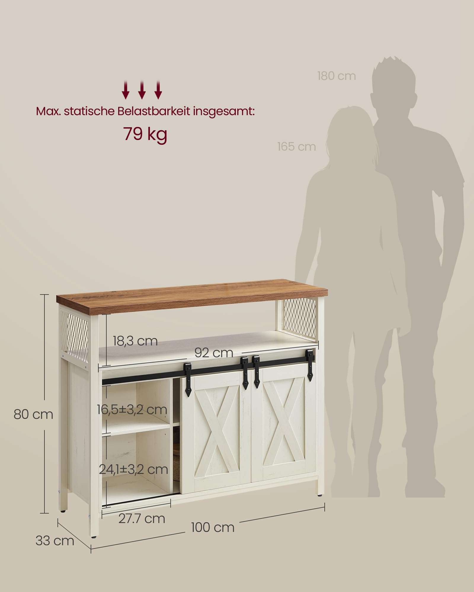 VASAGLE Sideboard, Küchenschrank, Aufbewahrungsschrank, mit 2 Schiebetüren, 33 x 100 x 80 cm, verstellbare Ablagen, für Wohnzimmer, wolkenweiß-honigbraun LSC092W01