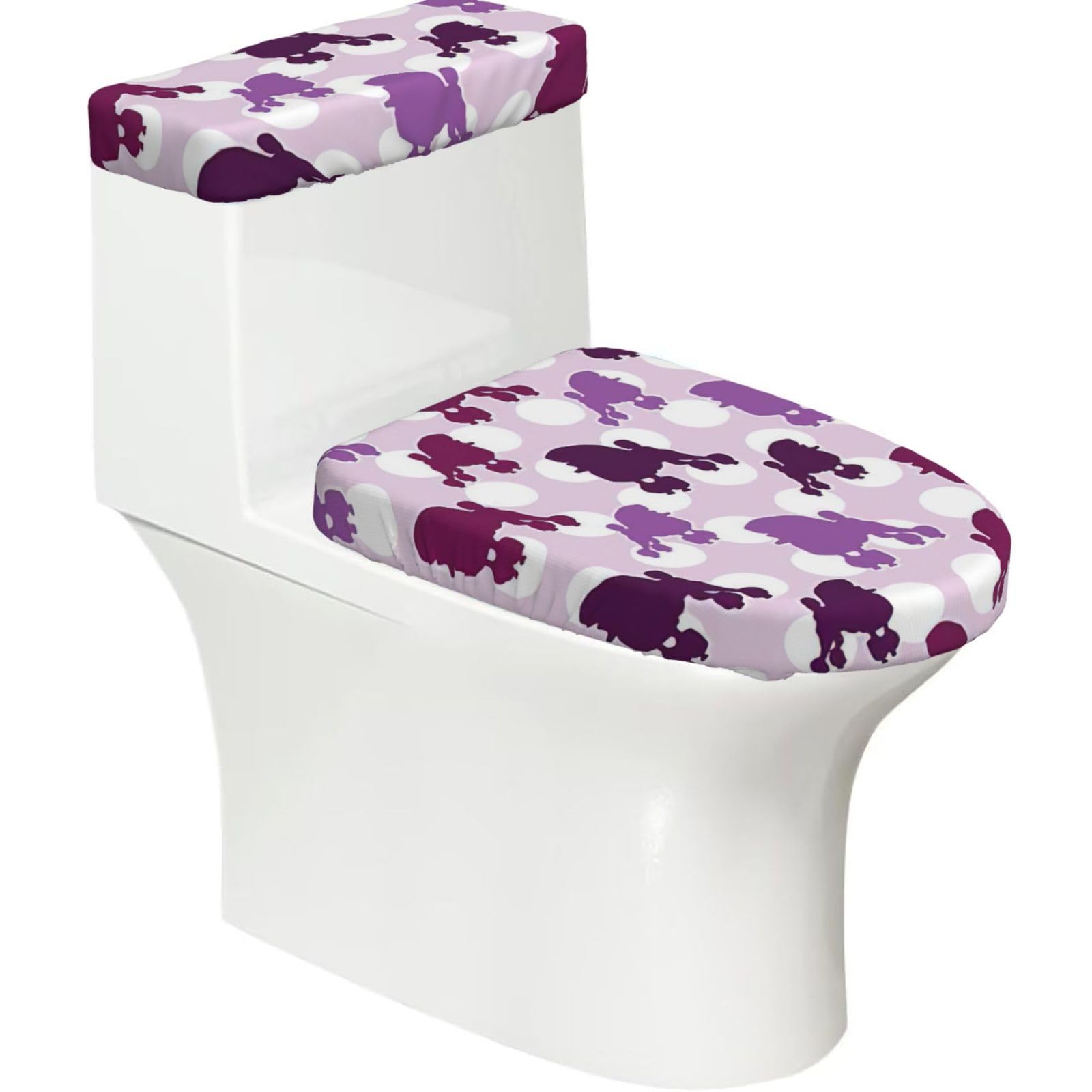 Purple Poodle Polka Dot Print Bathroom Decor Toilet Lid Cover And Tank Covers, Restroom Accessories Fits Most Round