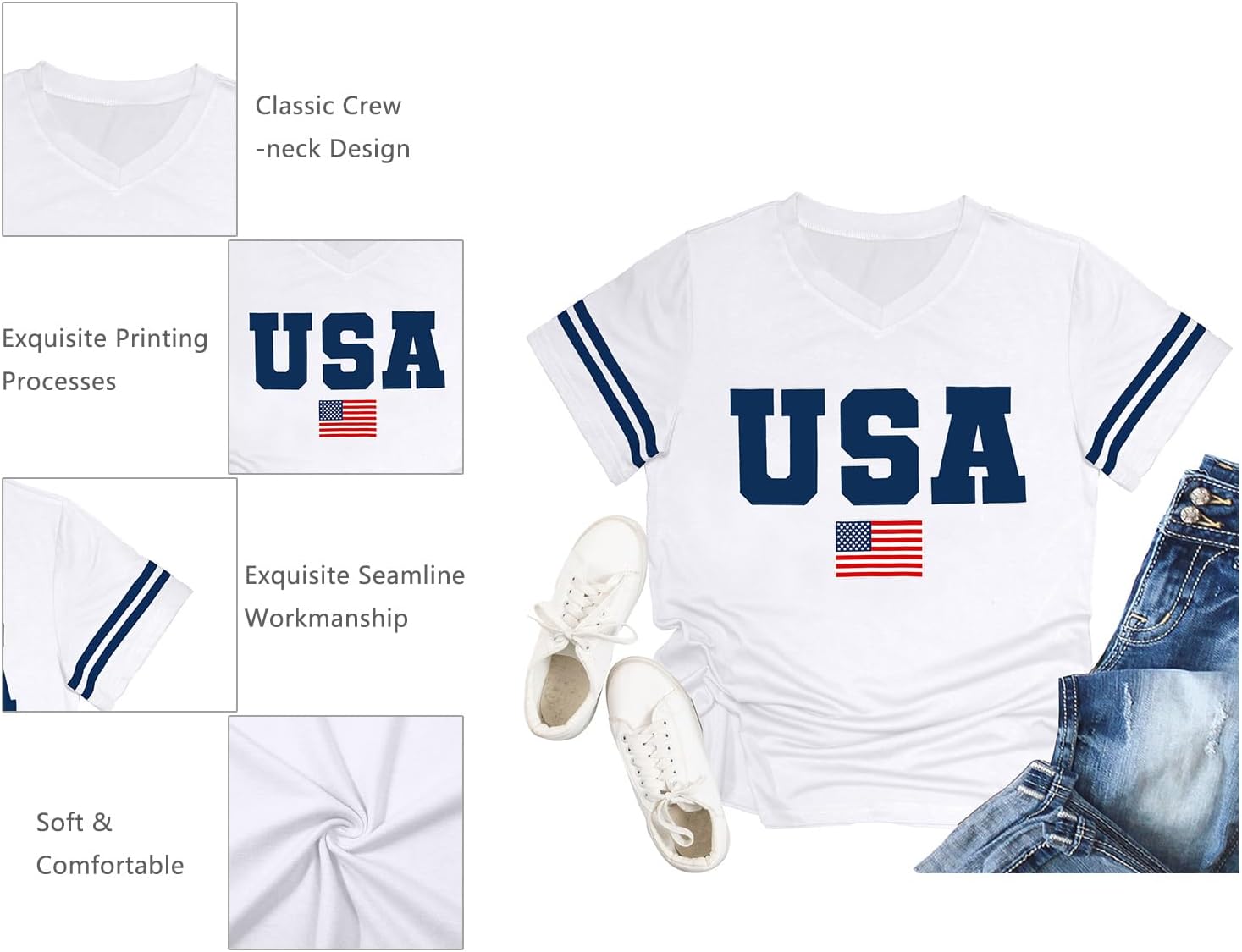 American Flag Shirts Women Patriotic Shirt 4th of July Tee Tops V-Neck Short Sleeve Summer T-Shirt - Image 4