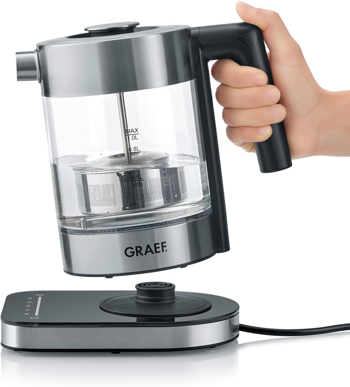 GRAEF WK350 Glass Kettle 1 Liter Design Schott Duran Glass Stainless Steel Temperature Adjustment Tea Strainer LED Lighting 360° Base Function image 3