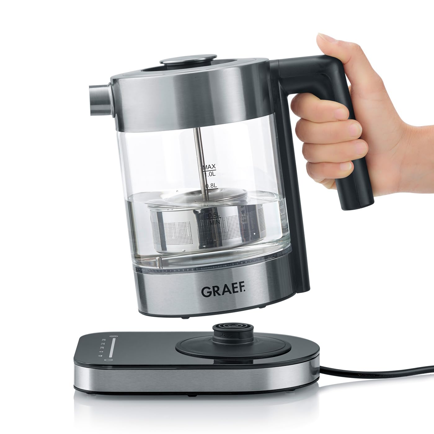 GRAEF Glaswasserkocher WK350 - Wasserkocher 1 Liter, Hochwertiges Design, SCHOTT DURAN Glas, Edelstahl, Temperatureinstellung, Teesieb, LED-Beleuchtung, 360° Basis, Warmhaltefunktion, 2200 Watt