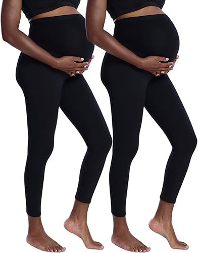 Motherhood Maternity Leggings esenciales elásticos de longitud completa para mujer, ajuste secreto sobre el vientre, paquete de 2