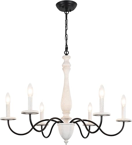 Miniatura 9 de Candelabro de campo francés, 6 luces rústicas de granja para comedor, antiguo, hecho a mano, madera real, marrón y blanco con brazo de metal negro,