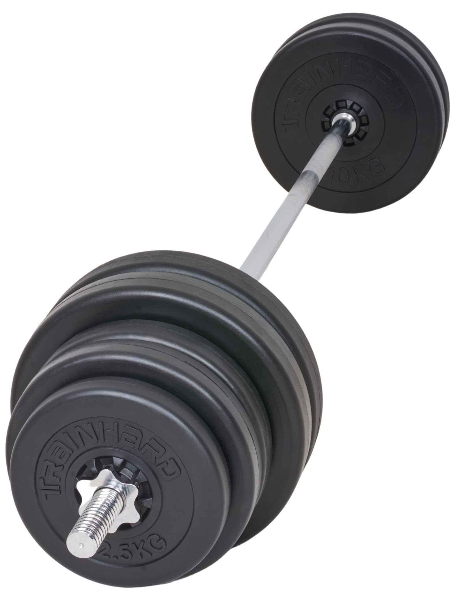 TrainHard 75 kg zestaw długich hantli z sztangą 1,8 m, nakrętkami śrubowymi i obciążnikami (2 x 2,5 kg, 4 x 5 kg, 4 x 10 kg)