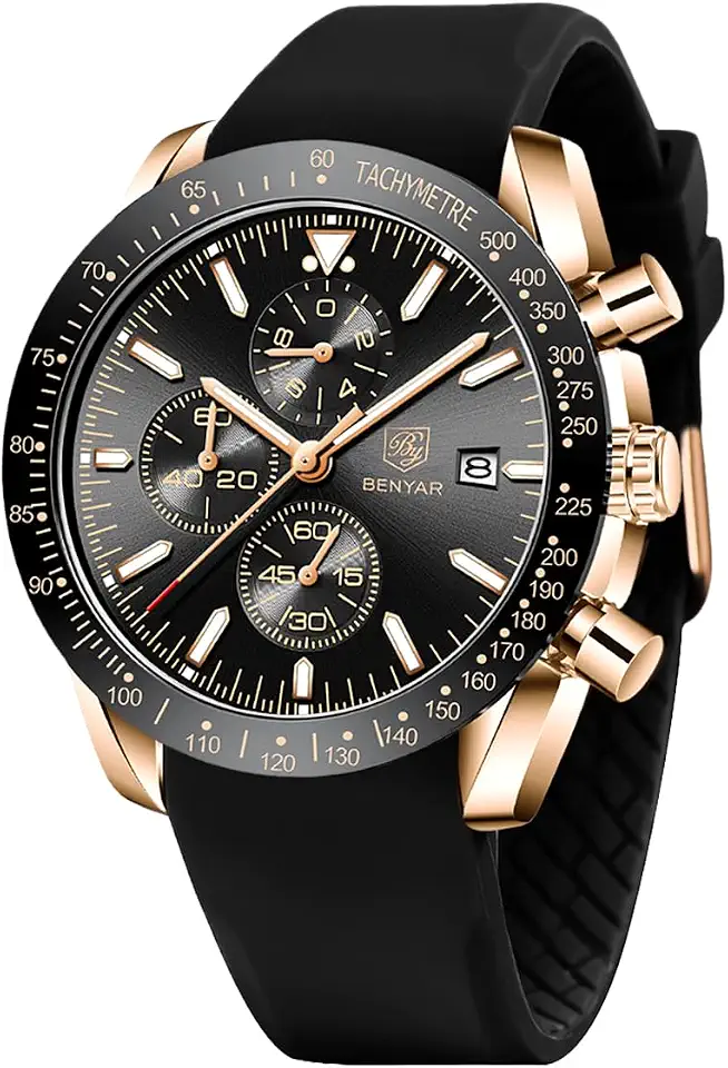 BY BENYAR Men's Waterproof Analog Quartz Chronograph Luminous Date Large Dial Classic Business Fashion Watches Leather Strap Elegant Gift for Men