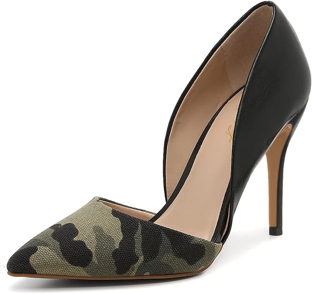 FOWT Women Classic Camouflage Pumps Pointed Toe High Heel Stiletto Pumps Shoes Cutout Design Two Toned Daily Dress Work Girls Shoes Size 8 US