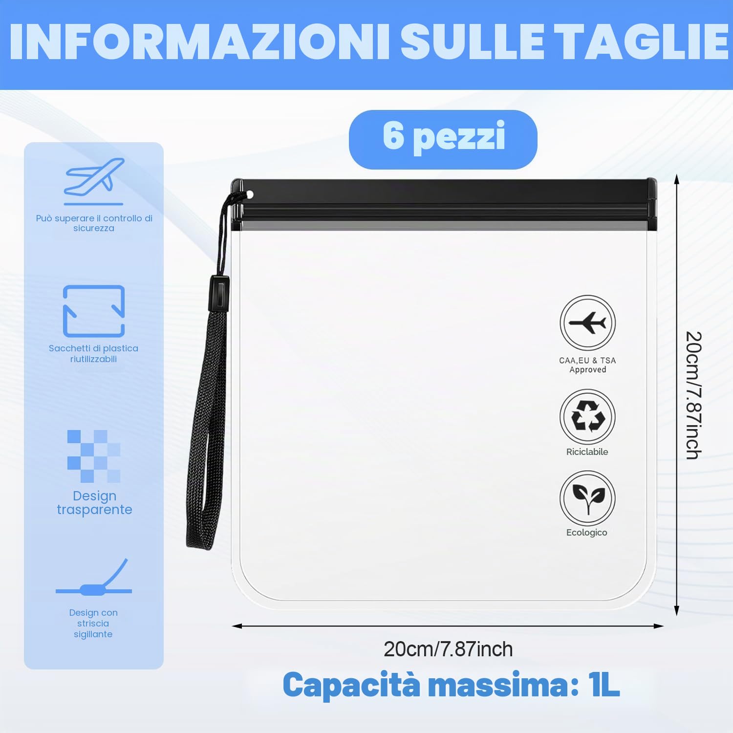 Sacchetti per Valigia da Viaggio – Buste per Liquidi Aereo 20x20cm Trasparenti TSA, Busta Trasparente per Liquidi Aereo Impermeabile, Pochette Trasparente da Viaggio Porta Liquidi