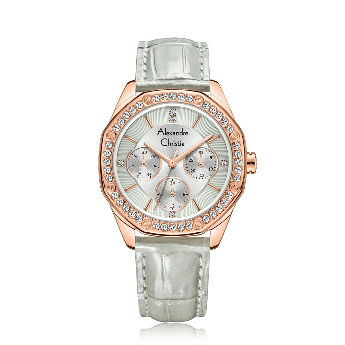 Alexandre ChristieAC 2B17 BFL Ladies Multifunction Watch - Silver(Stainless Steel Case,Leather Strap, Quartz Movement, Silver Strap, Silver Dial)