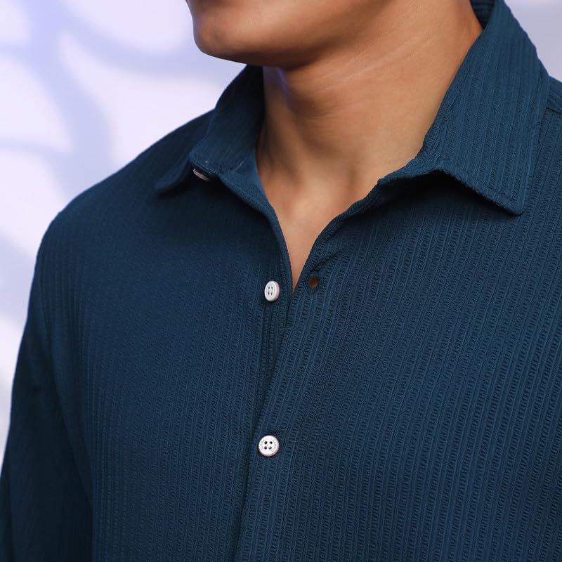 Image of CAHOOT Men's Veined-Textured Shirt | Casual Wear | Spread Collar | Long Sleeve | Button Closure | Shirt Crafted with Comfort Fit for Everyday Wear