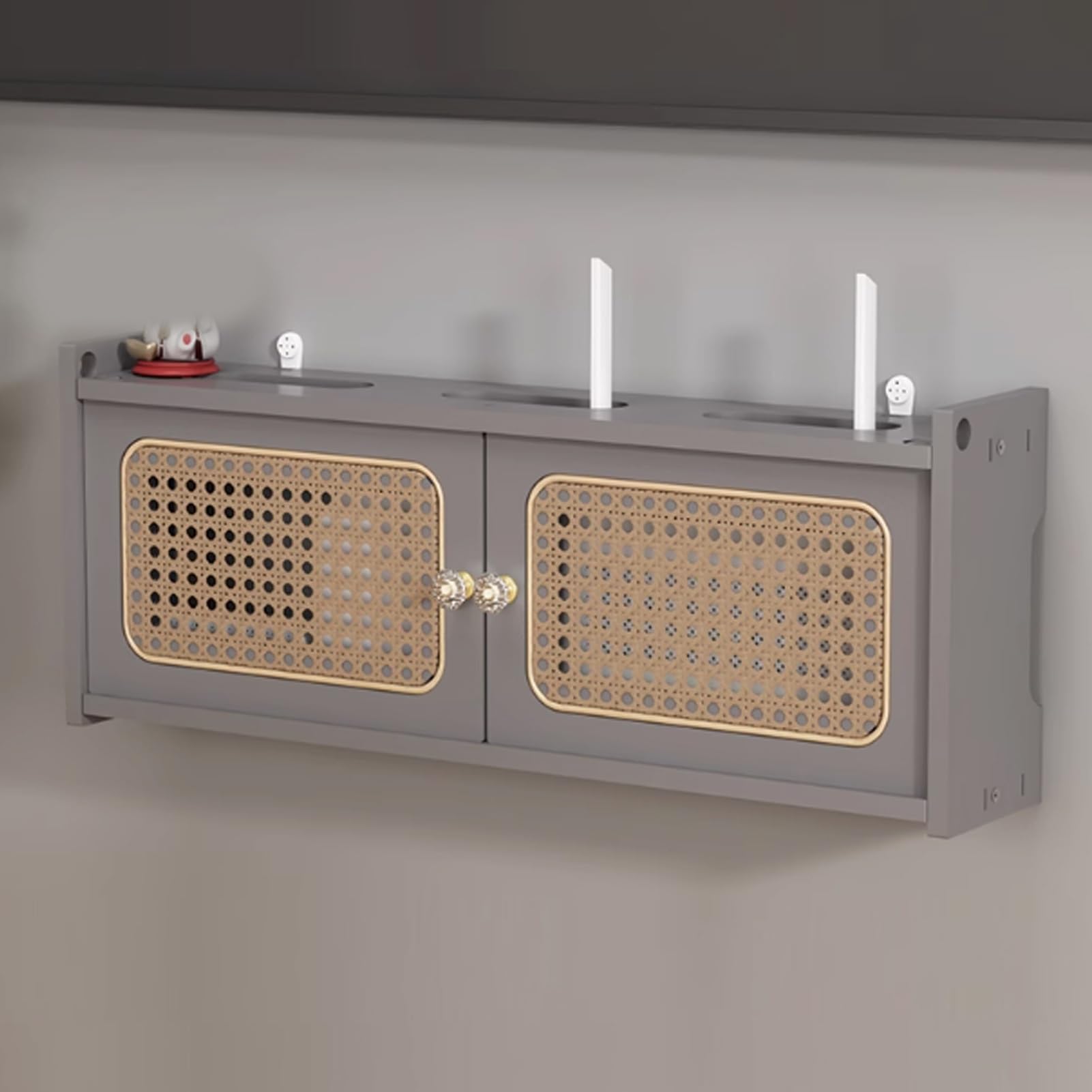 Szare, montowane na ścianie drewniane pudełko do przechowywania routera, szafka modemu WiFi, niewidoczny organizer WiFi, 60 cm / 23.6in, stylowa osłona routera do domu i biura, oszczędzająca miejsce