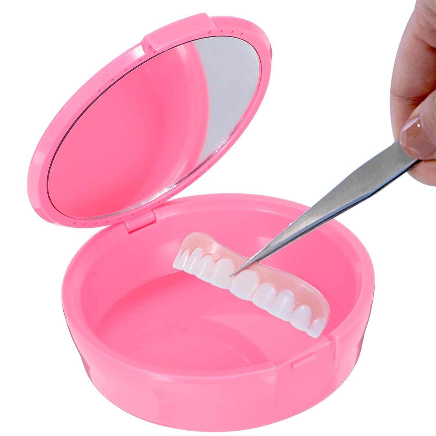 Portable Round Retainer Box with Mirror, Plastic Tooth Holder Case, Milk Tooth Storage Container for Home and Travel Orthodontic Use